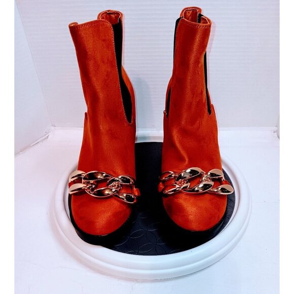 Dark Tan Heeled Ankle Boots With Gold Chain Embellishment Womens Size 9 - Picture 1 of 8